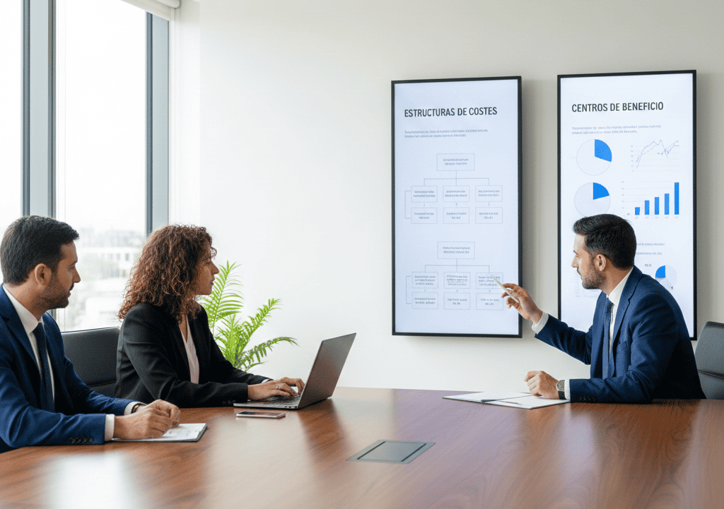 Equipo de consultores implementando sistema de contabilidad de gestión en sala de reuniones con pizarras digitales mostrando estructuras de costes y centros de beneficio