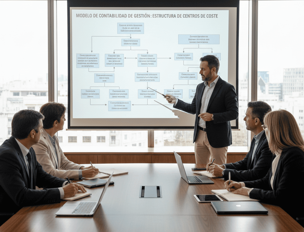 Consultor financiero presentando modelo de contabilidad de gestión con estructura de centros de coste en proyector, equipo directivo tomando notas en sala de juntas moderna
