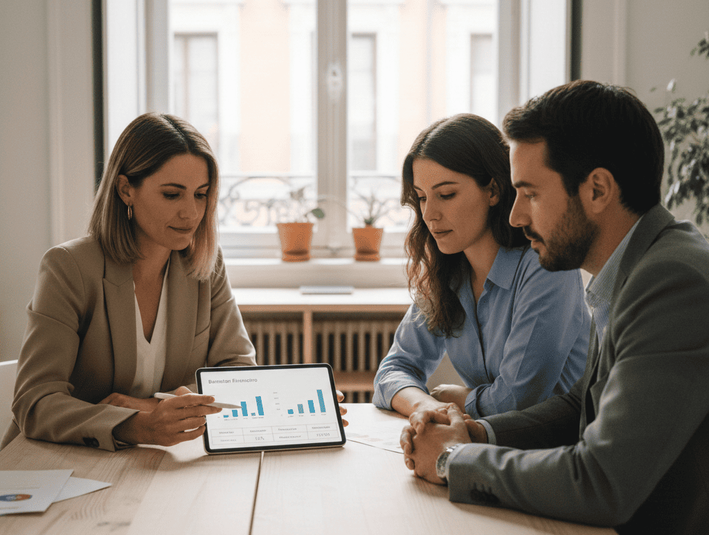 Pantalla de ordenador mostrando dashboard interactivo de business intelligence con múltiples gráficos de KPIs financieros, mapas de calor de rentabilidad y alertas en tiempo real sobre fondo de oficina tecnológica